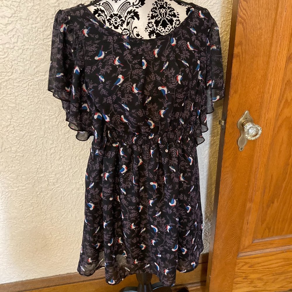 Adorable Vintage Flutter Sleeve Bird Print Dress sz XL